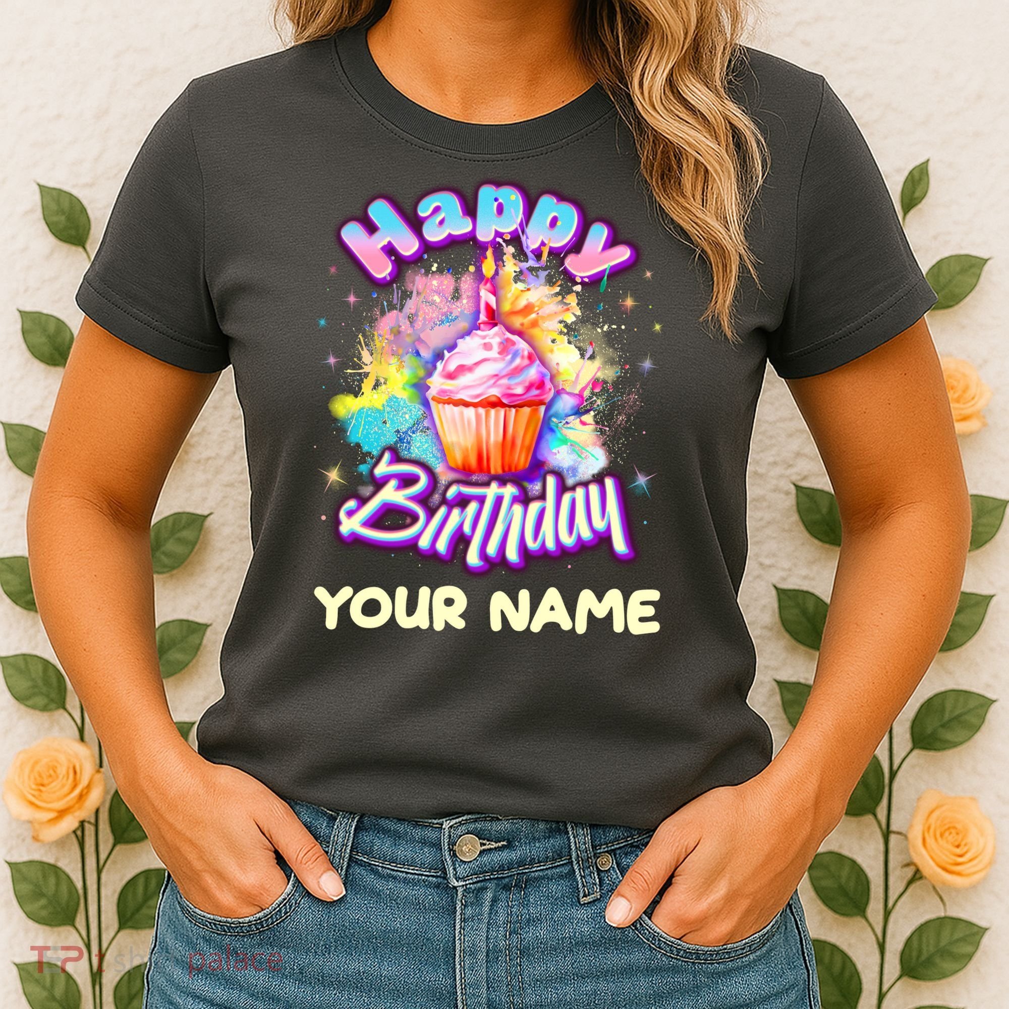 Cute Happy Birthday Graffiti Cupcake Personalized Custom Name Women's T-Shirt