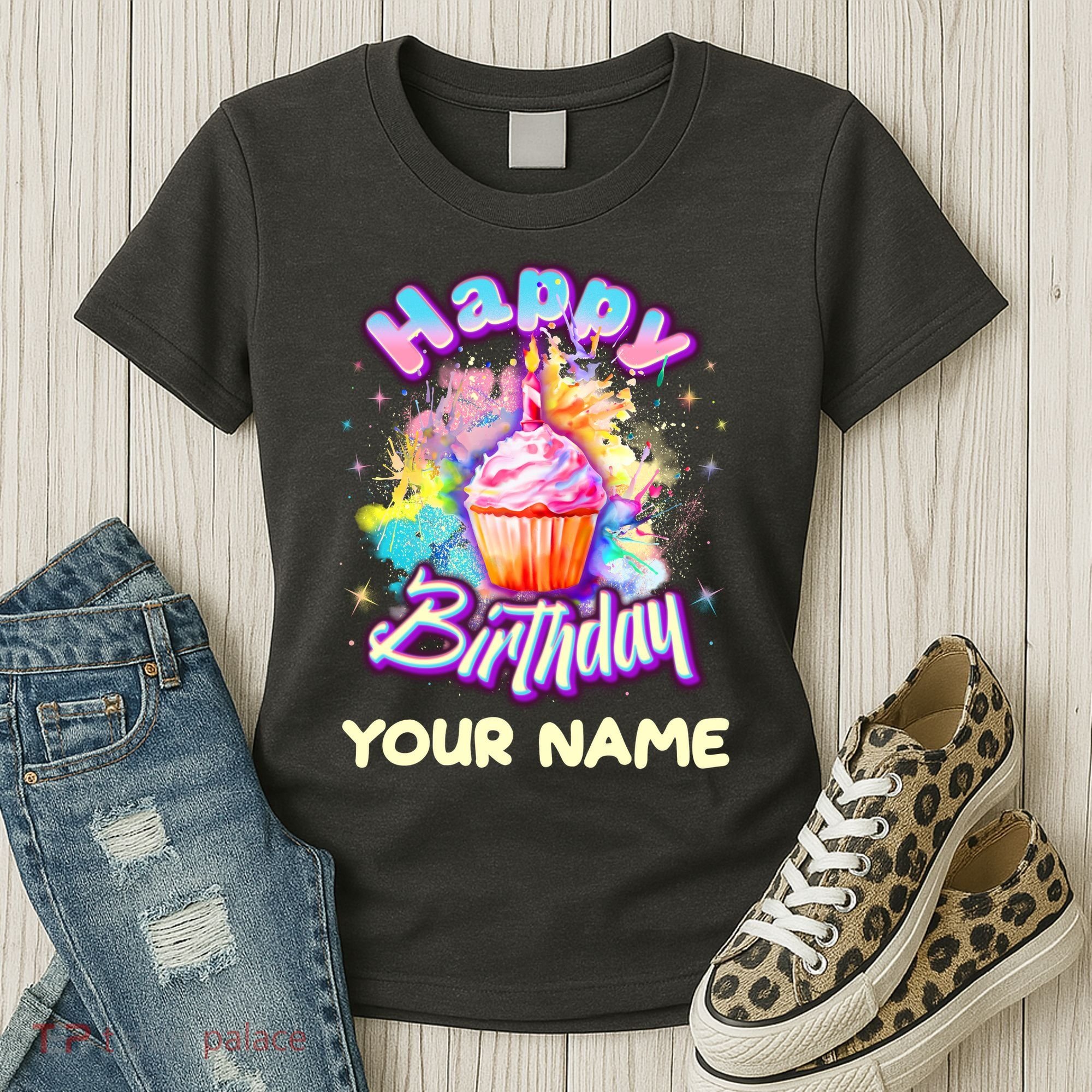Cute Happy Birthday Graffiti Cupcake Personalized Custom Name Women's T-Shirt
