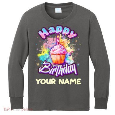 Cute Happy Birthday Graffiti Cupcake Personalized Custom Name Kids Long Sleeve Shirt