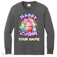 Cute Happy Birthday Graffiti Cupcake Personalized Custom Name Kids Long Sleeve Shirt thumb 0