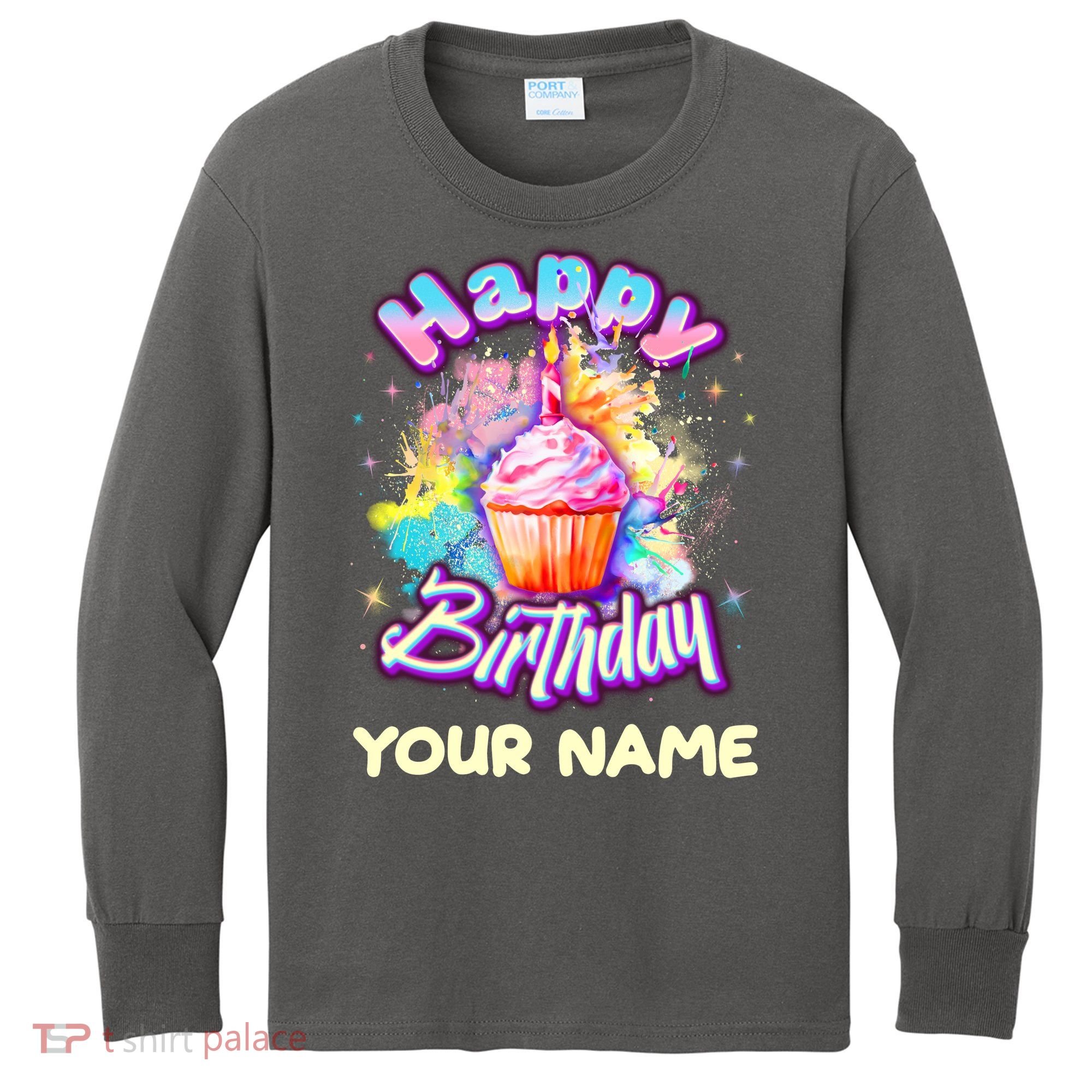 Cute Happy Birthday Graffiti Cupcake Personalized Custom Name Kids Long Sleeve Shirt