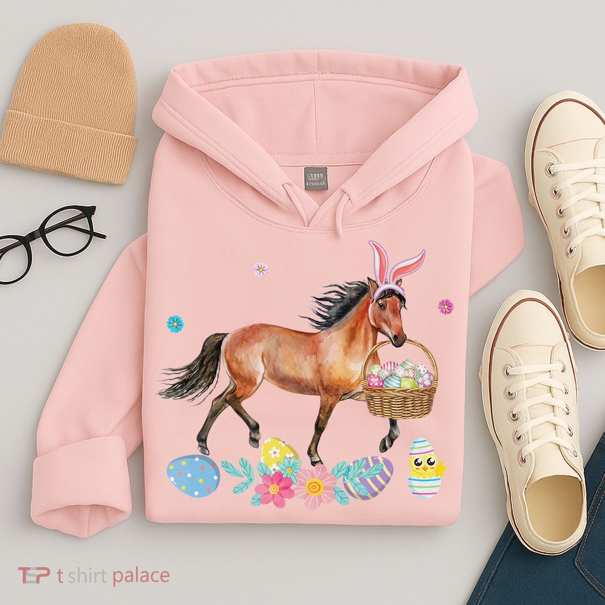 Cute Horse Bunny Ears Easter Eggs Basket Horse Hoodie
