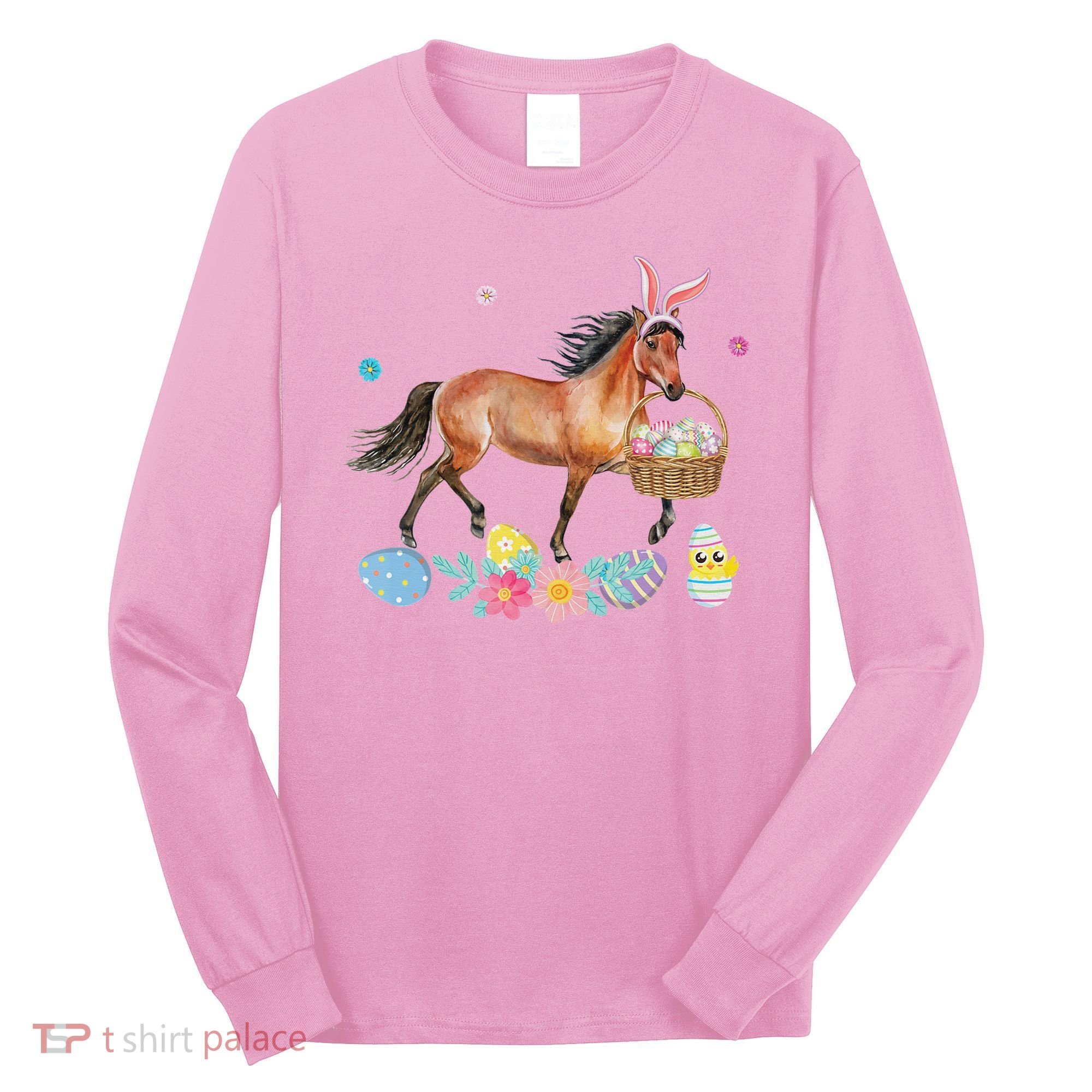 Cute Horse Bunny Ears Easter Eggs Basket Horse Long Sleeve Shirt