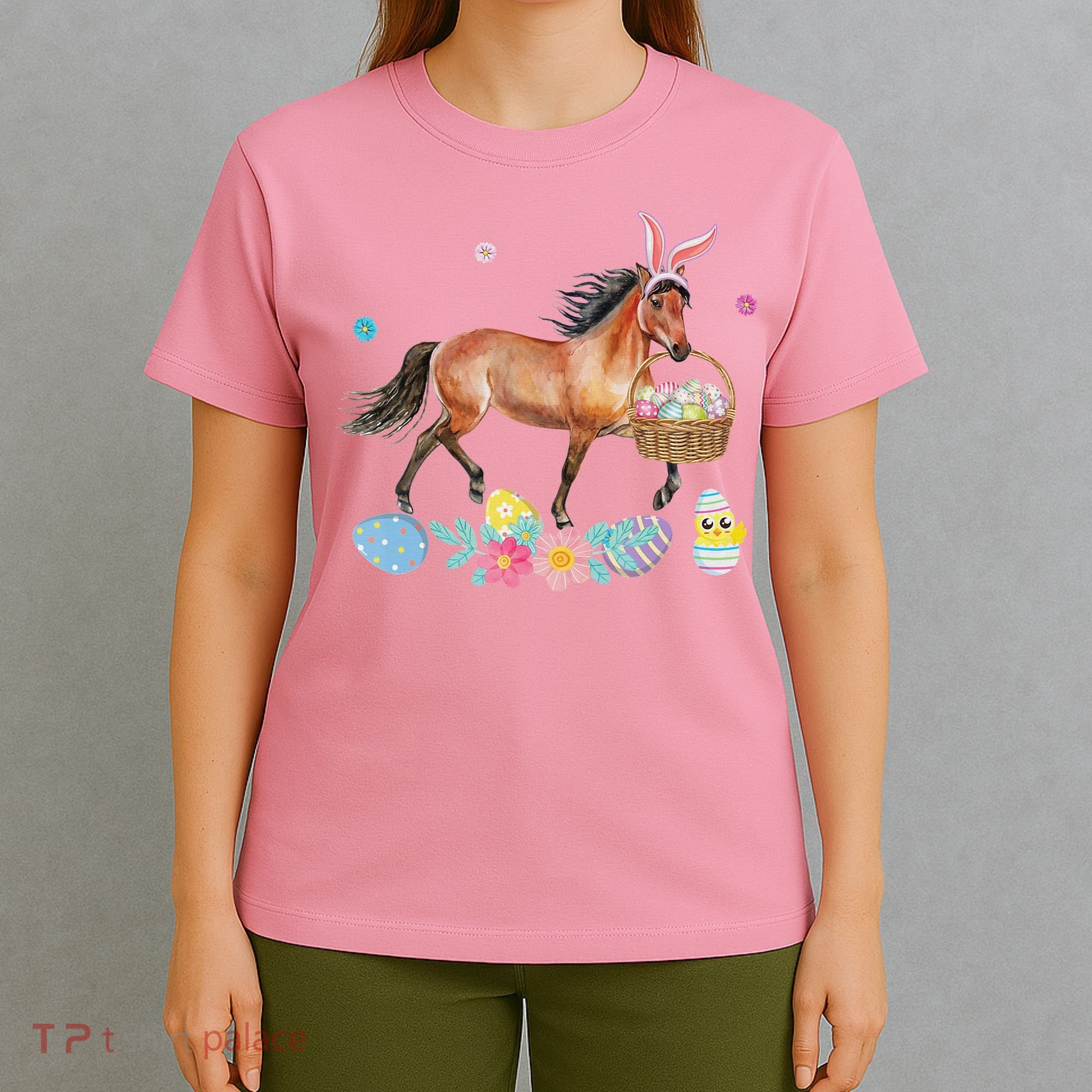 Cute Horse Bunny Ears Easter Eggs Basket Horse T-Shirt