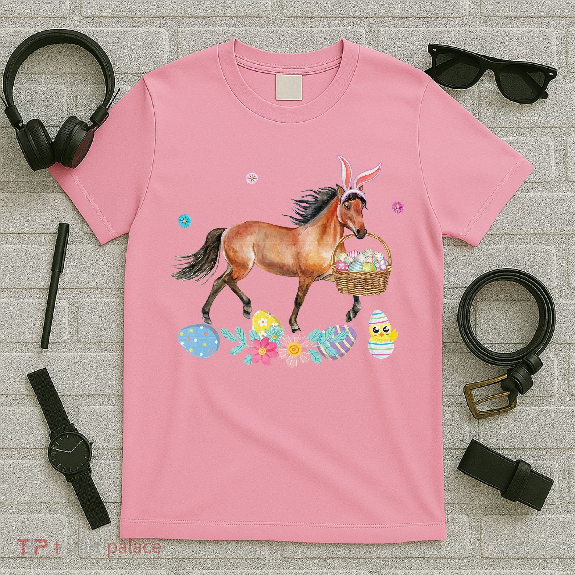 Cute Horse Bunny Ears Easter Eggs Basket Horse T-Shirt