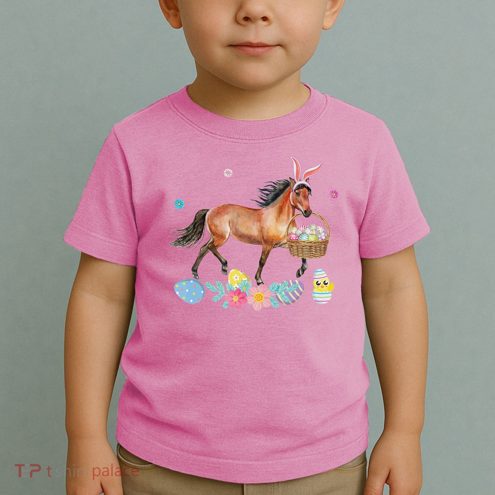 Cute Horse Bunny Ears Easter Eggs Basket Horse Toddler T-Shirt