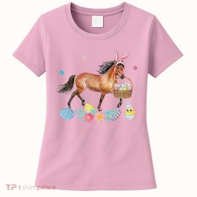 Cute Horse Bunny Ears Easter Eggs Basket Horse Women's T-Shirt