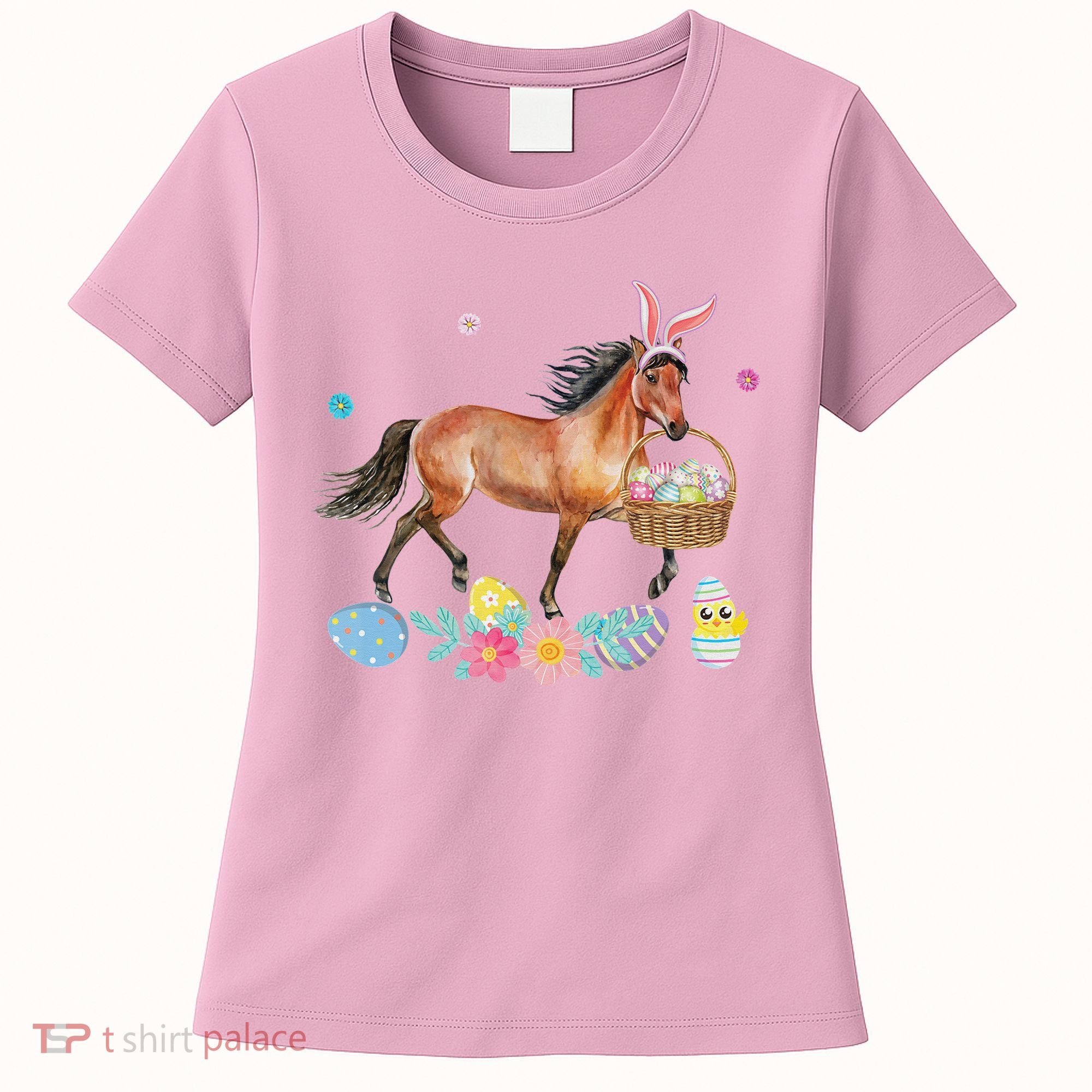 Cute Horse Bunny Ears Easter Eggs Basket Horse Women's T-Shirt