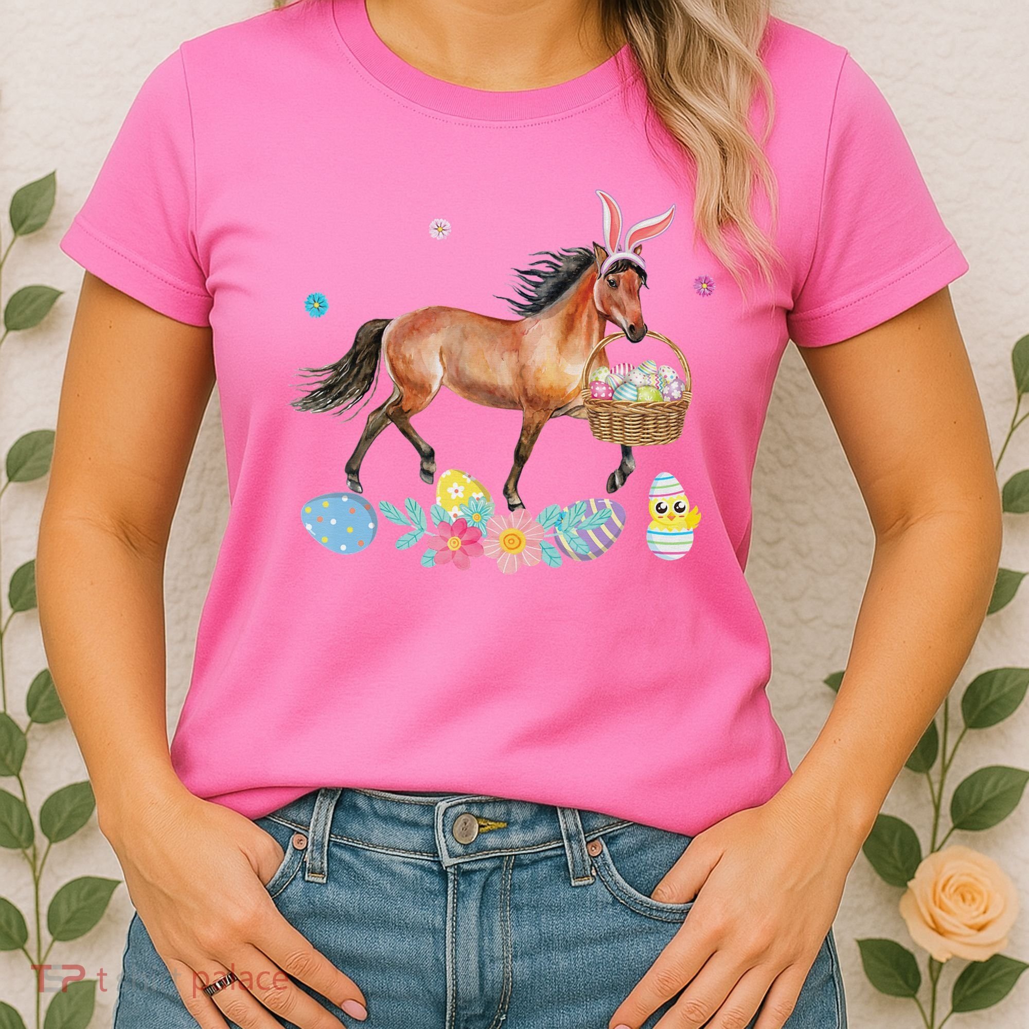 Cute Horse Bunny Ears Easter Eggs Basket Horse Women's T-Shirt