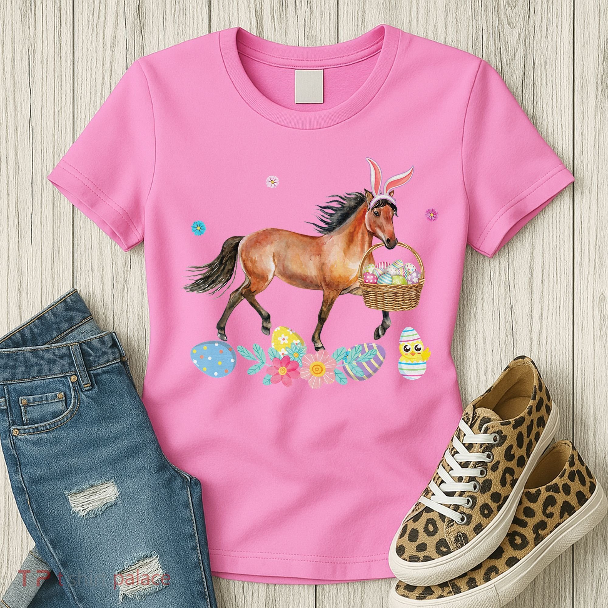 Cute Horse Bunny Ears Easter Eggs Basket Horse Women's T-Shirt