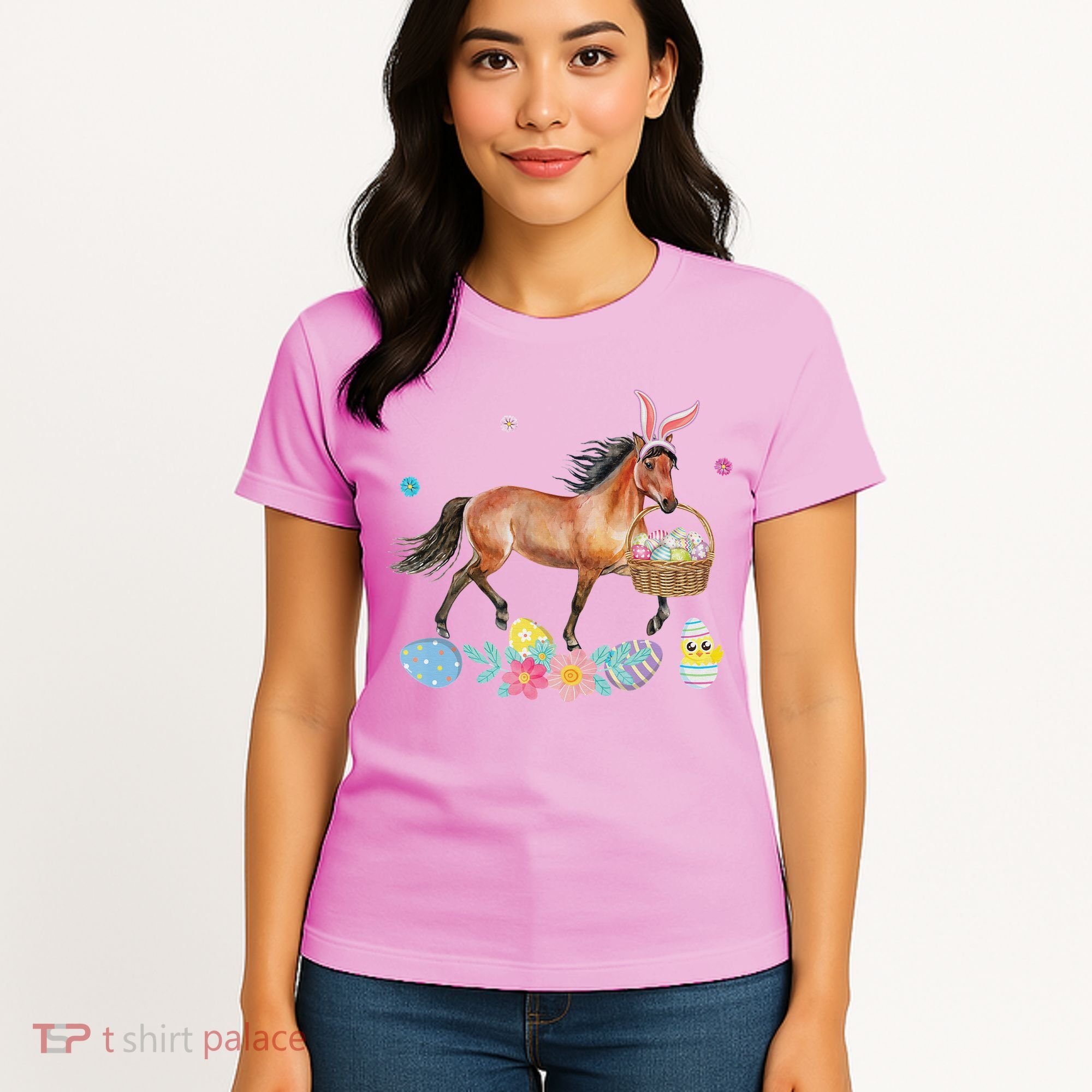 Cute Horse Bunny Ears Easter Eggs Basket Horse Women's T-Shirt