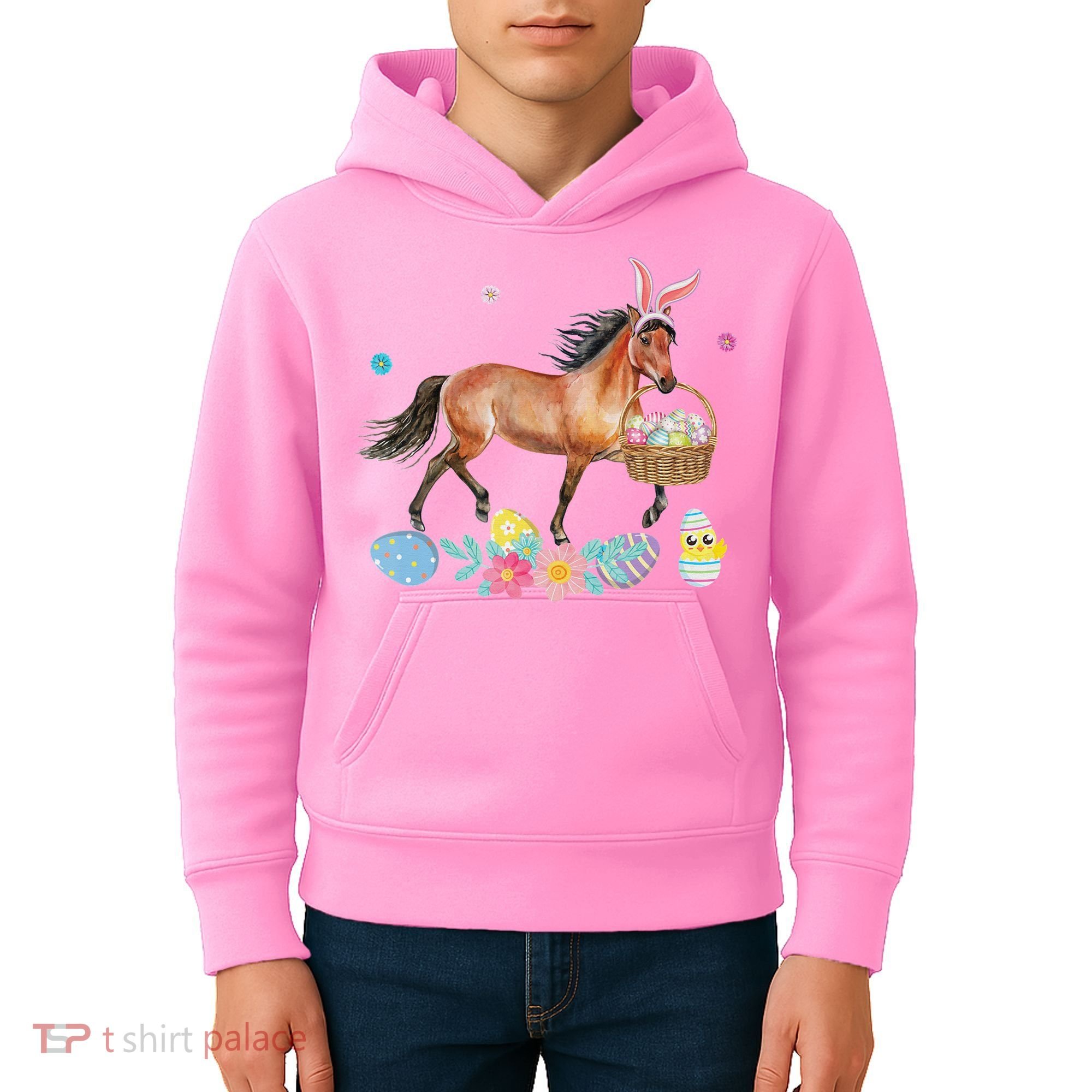 Cute Horse Bunny Ears Easter Eggs Basket Horse Kids Hoodie