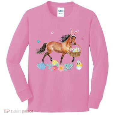 Cute Horse Bunny Ears Easter Eggs Basket Horse Kids Long Sleeve Shirt
