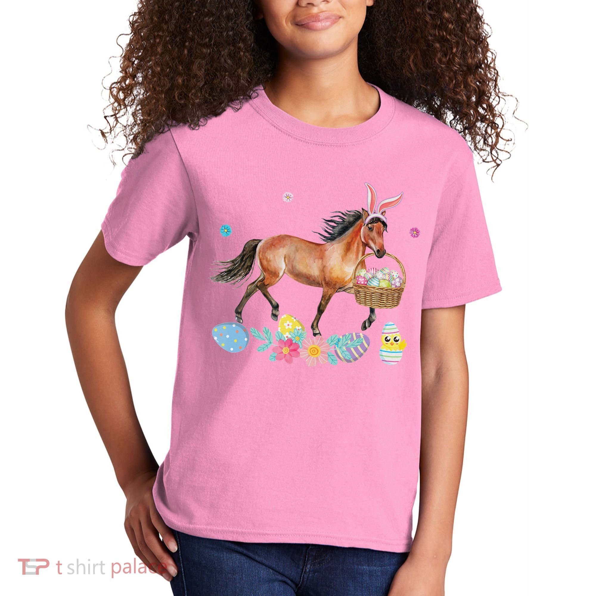 Cute Horse Bunny Ears Easter Eggs Basket Horse Kids T-Shirt