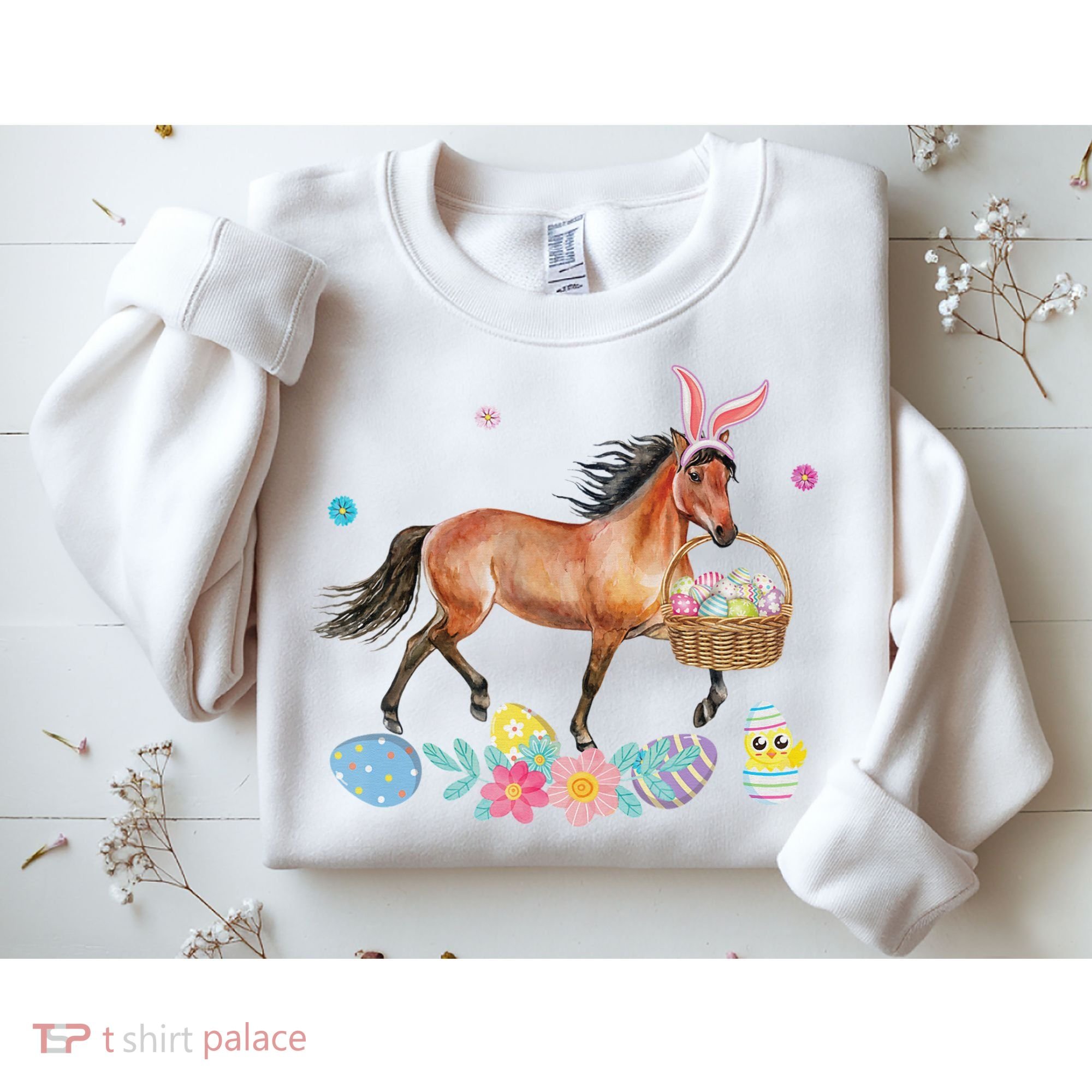 Cute Horse Bunny Ears Easter Eggs Basket Horse Sweatshirt
