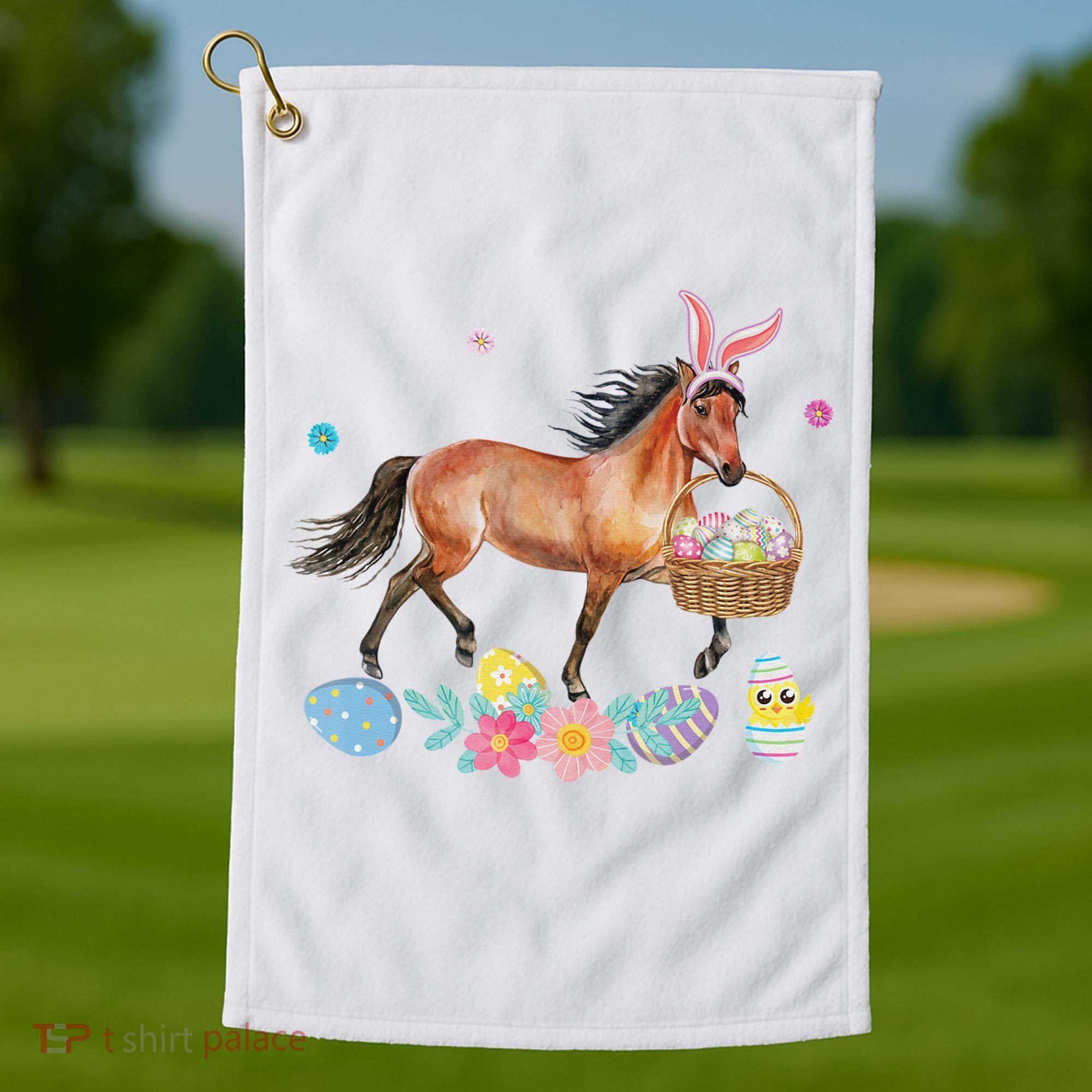 Cute Horse Bunny Ears Easter Eggs Basket Horse Golf Towel