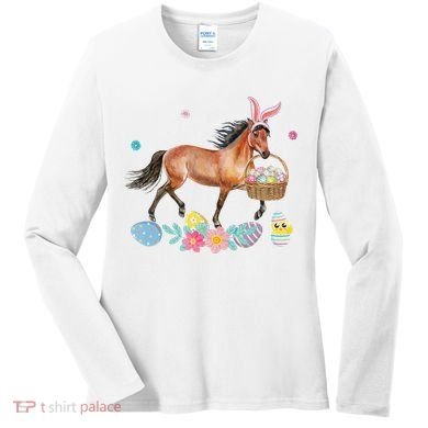Cute Horse Bunny Ears Easter Eggs Basket Horse Women's Long Sleeve Shirt