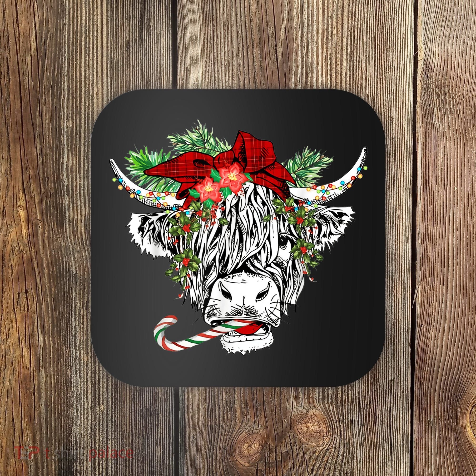 Christmas Highland Cow Merry Christmas Happy Holidays Coaster