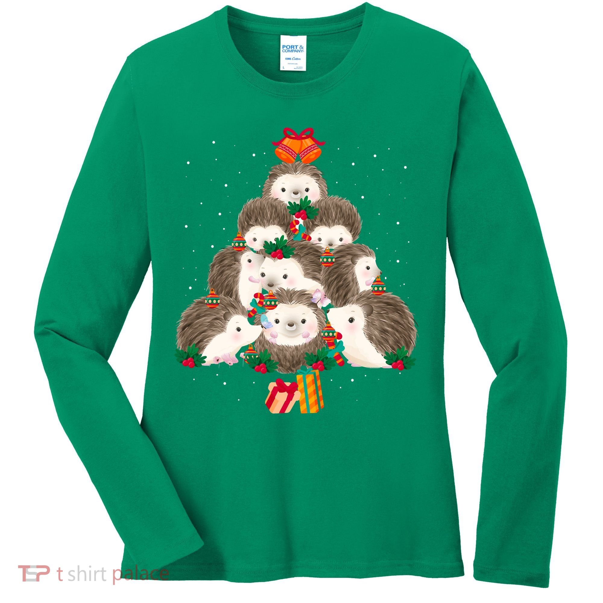 Cute Hedgehog Christmas Tree Funny Pajamas Xmas For Family Women's Long Sleeve Shirt