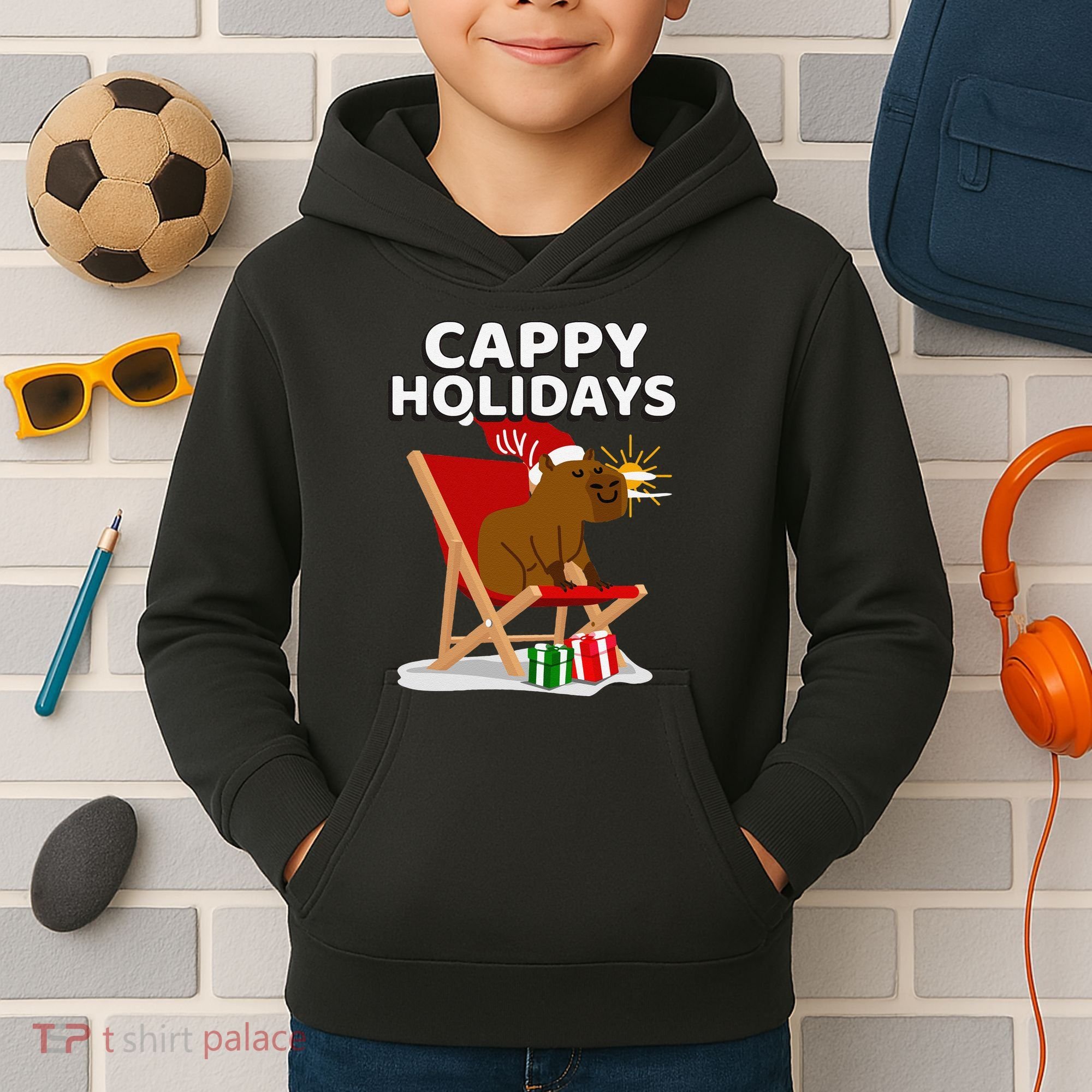 Cappy Holidays Christmas Capybara Funny Capybara Christmas Kids Hoodie