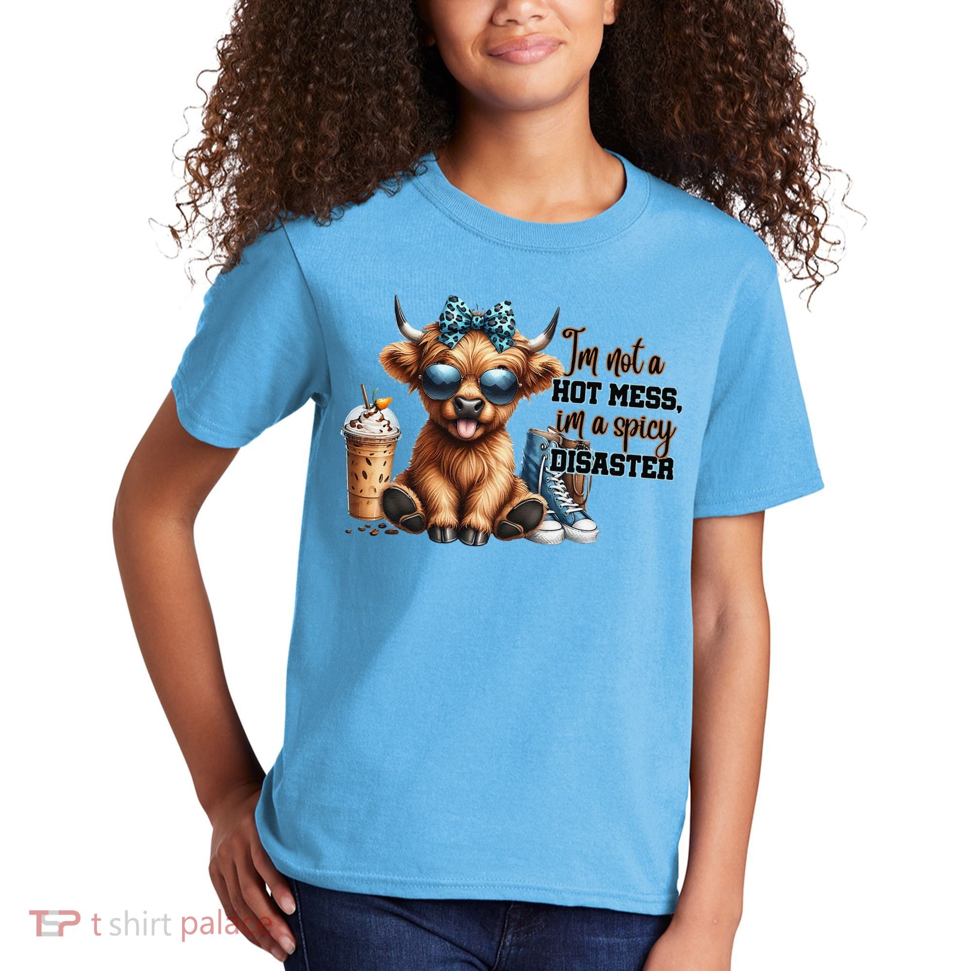 Cute Highland Cow IM Not A Hot Mess Im A Spicy Disaster Kids T-Shirt