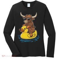 Cute Highland Cow Duck Pool Float Summer Vibes Swimming Women's Long Sleeve Shirt thumb 0