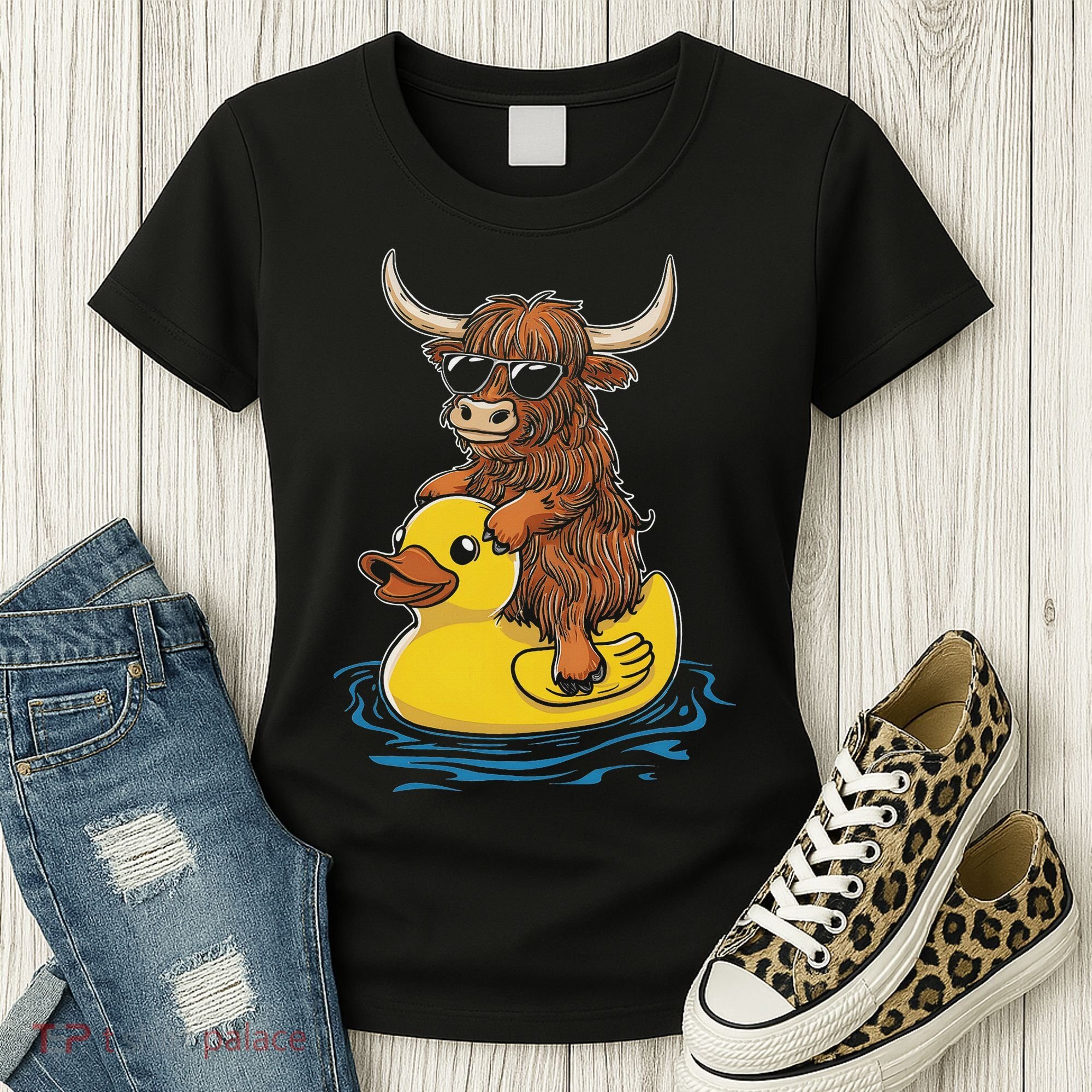 Cute Highland Cow Duck Pool Float Summer Vibes Swimming Women's T-Shirt