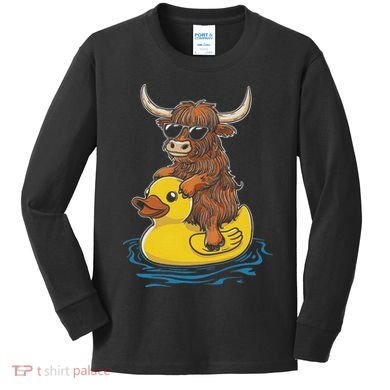 Cute Highland Cow Duck Pool Float Summer Vibes Swimming Kids Long Sleeve Shirt