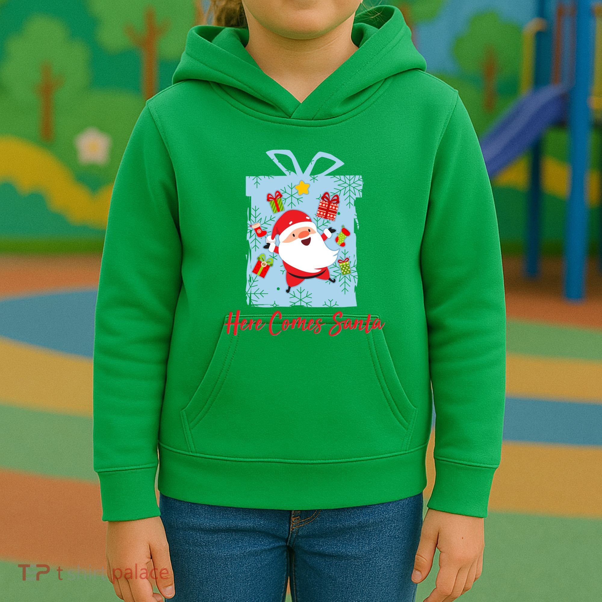 Christmas Here Comes Santa Gift Box Kids Hoodie
