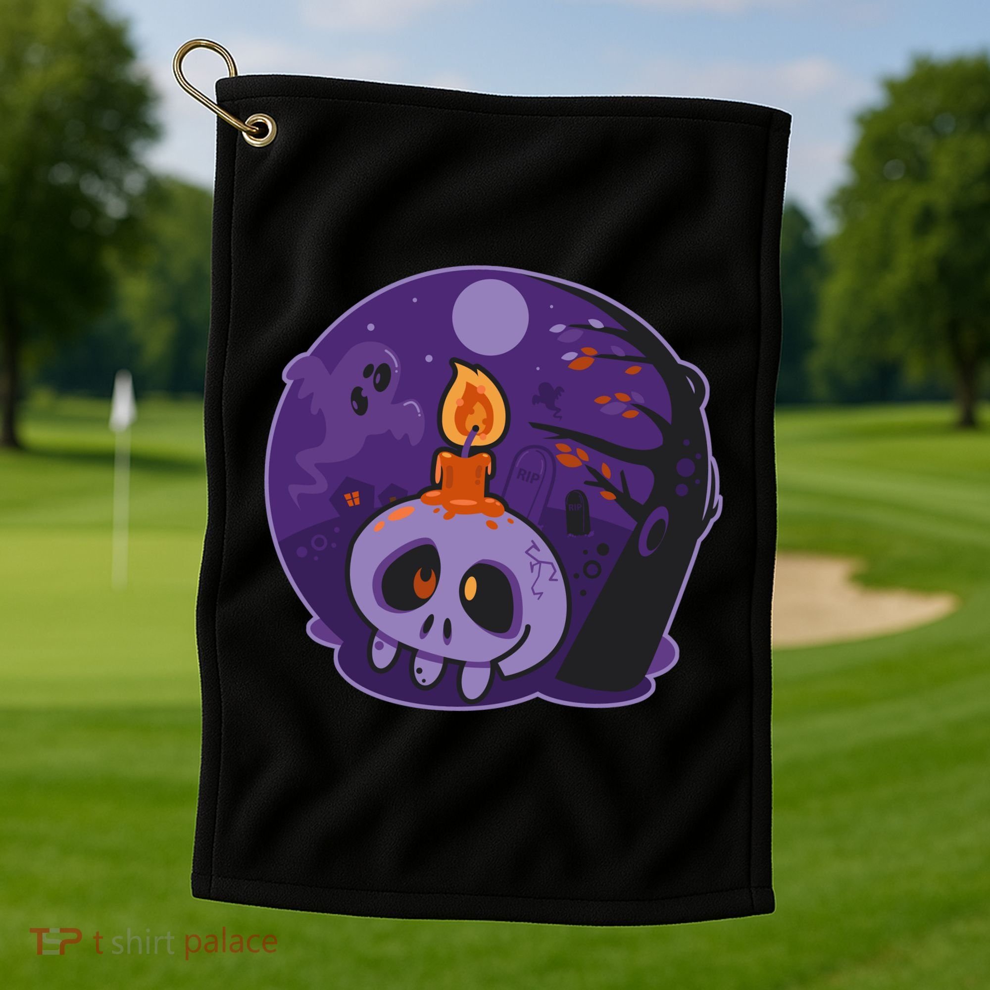 Cute Halloween Candle Skull Golf Towel