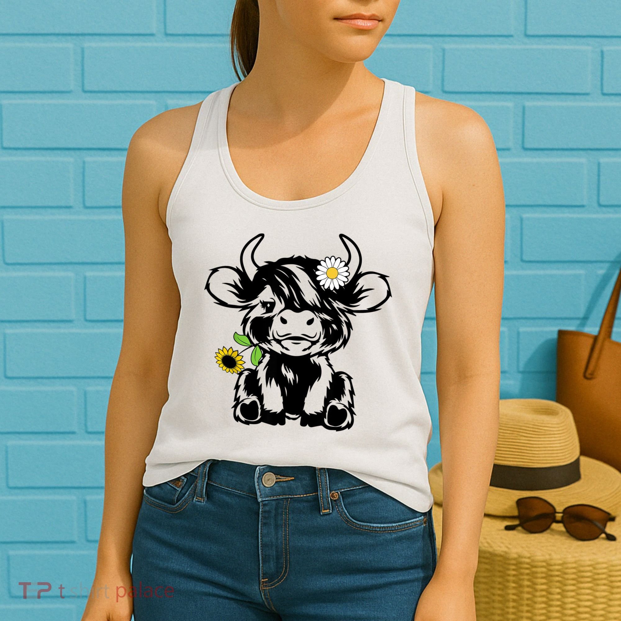 Cute Highland Cow Sunflower Women's Tank Top