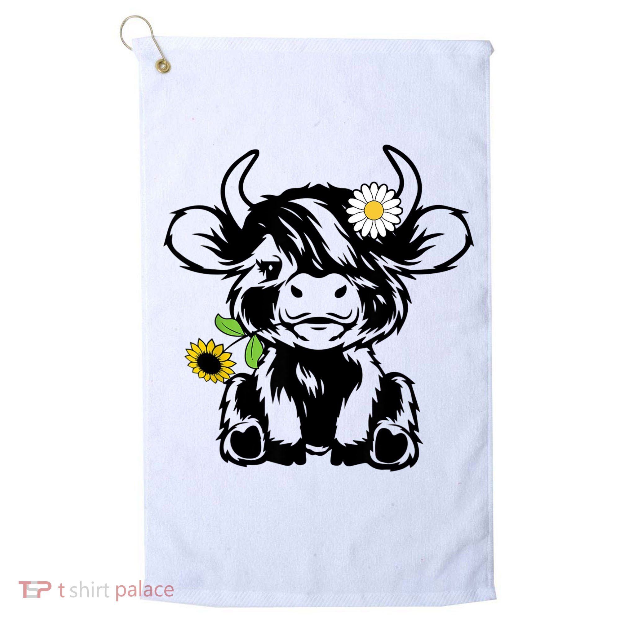 Cute Highland Cow Sunflower Golf Towel