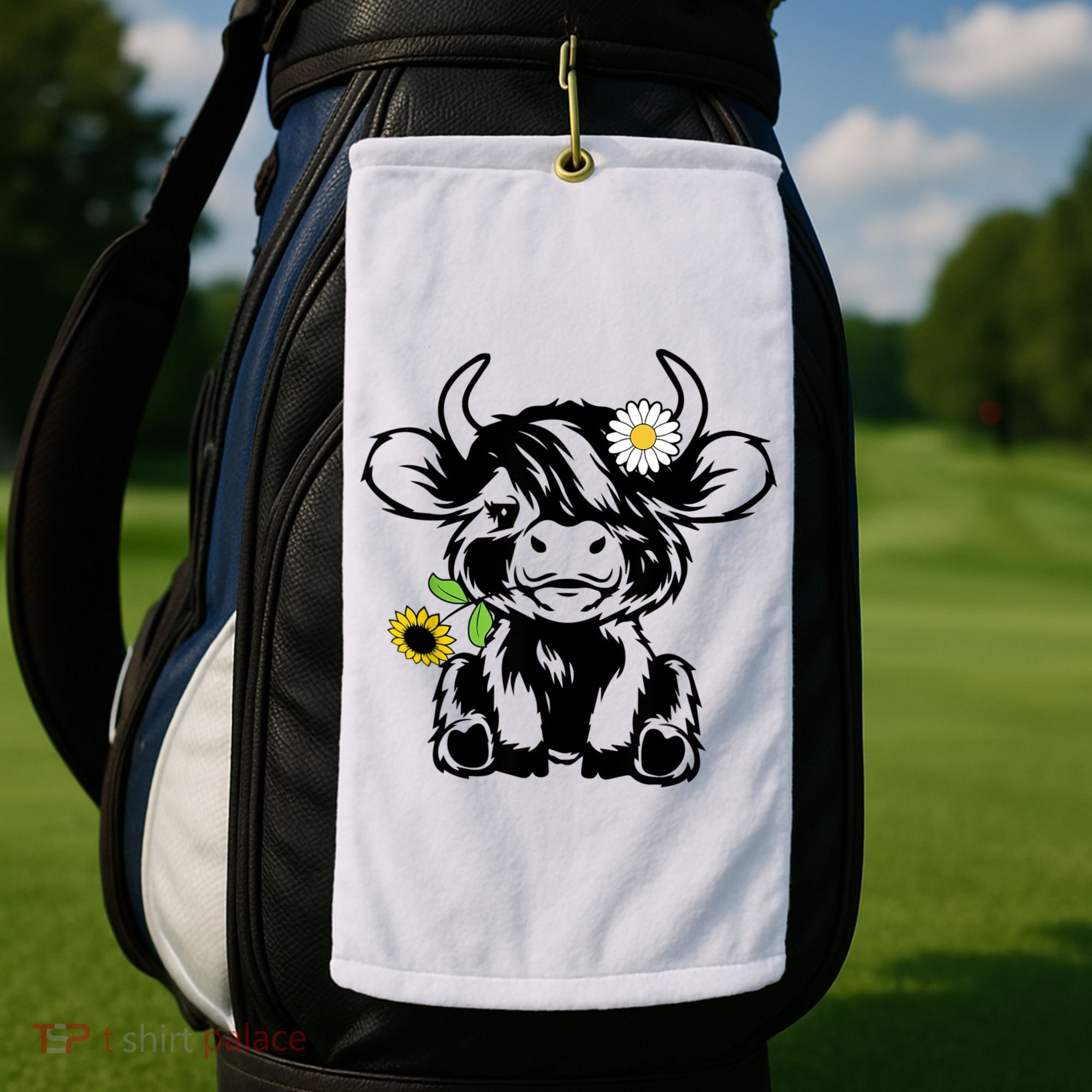 Cute Highland Cow Sunflower Golf Towel
