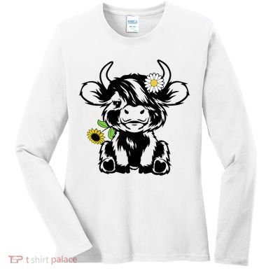 Cute Highland Cow Sunflower Women's Long Sleeve Shirt