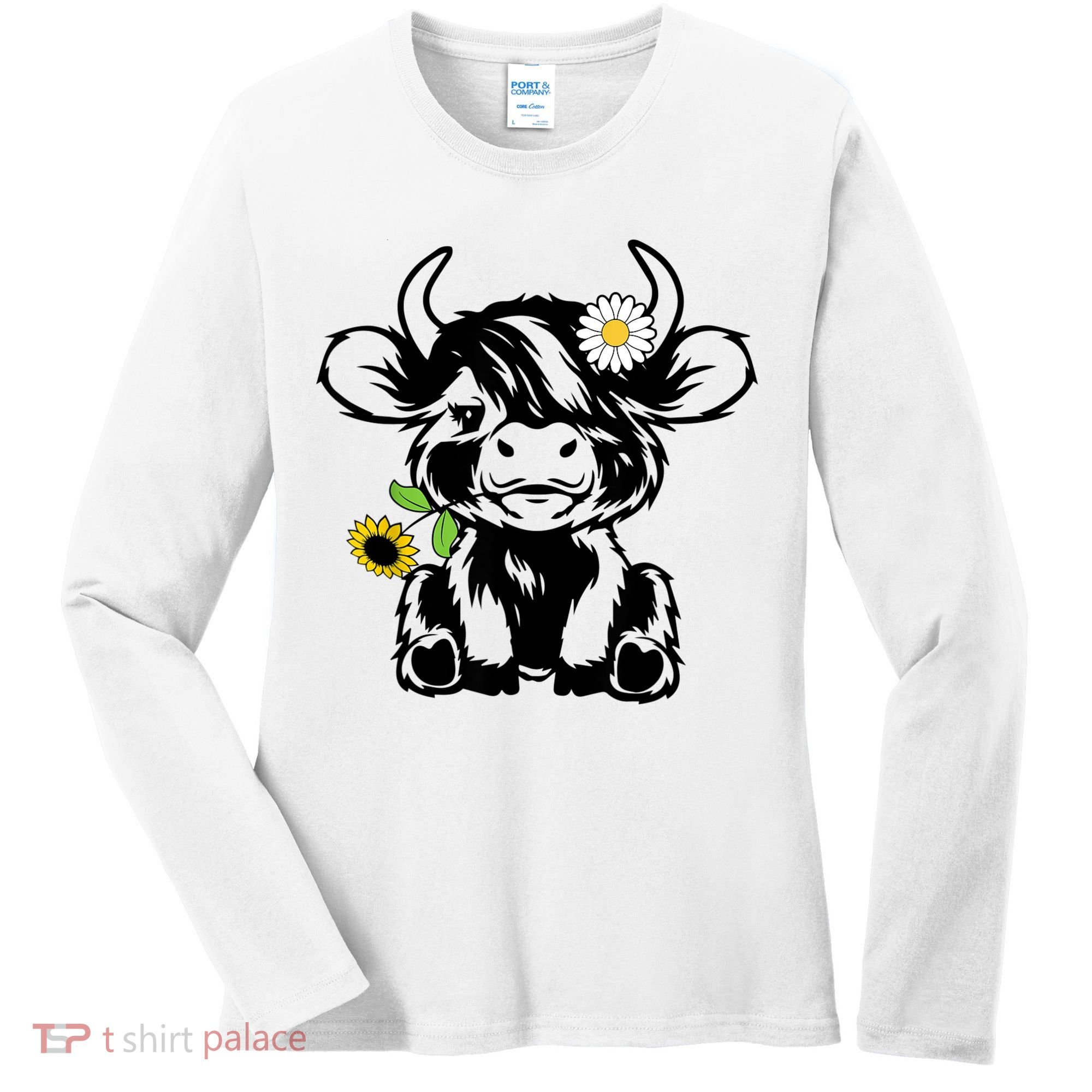 Cute Highland Cow Sunflower Women's Long Sleeve Shirt