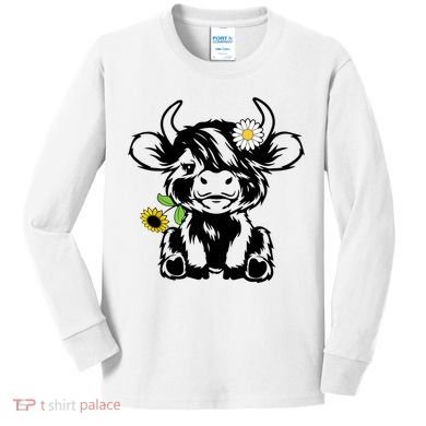 Cute Highland Cow Sunflower Kids Long Sleeve Shirt