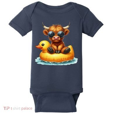 Cute Highland Cow Duck Pool Float Summer Vibes Swimming Baby Bodysuit