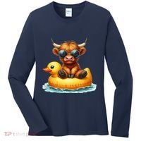 Cute Highland Cow Duck Pool Float Summer Vibes Swimming Women's Long Sleeve Shirt thumb 0