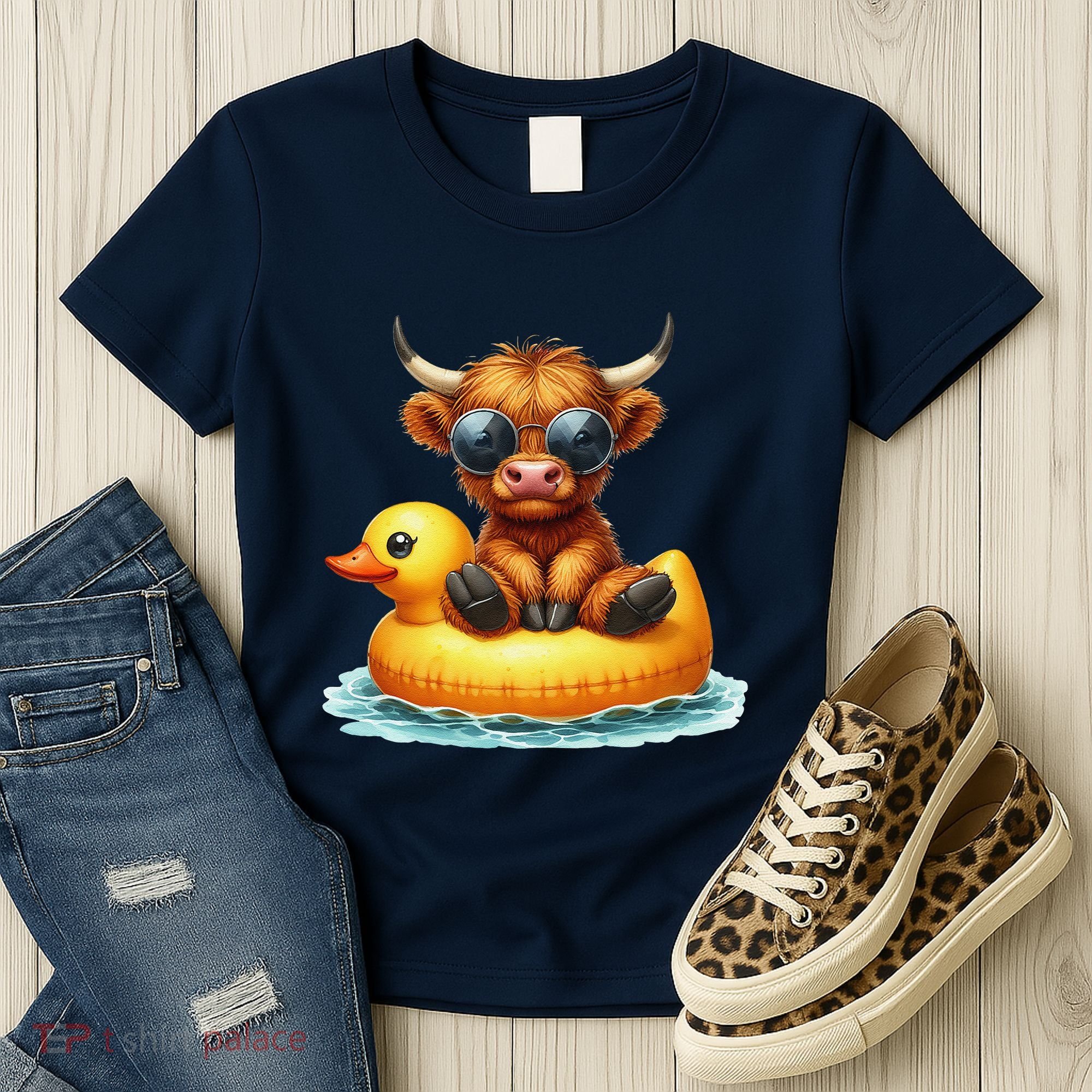 Cute Highland Cow Duck Pool Float Summer Vibes Swimming Women's T-Shirt