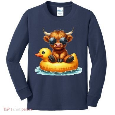 Cute Highland Cow Duck Pool Float Summer Vibes Swimming Kids Long Sleeve Shirt