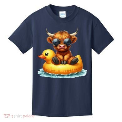Cute Highland Cow Duck Pool Float Summer Vibes Swimming Kids T-Shirt