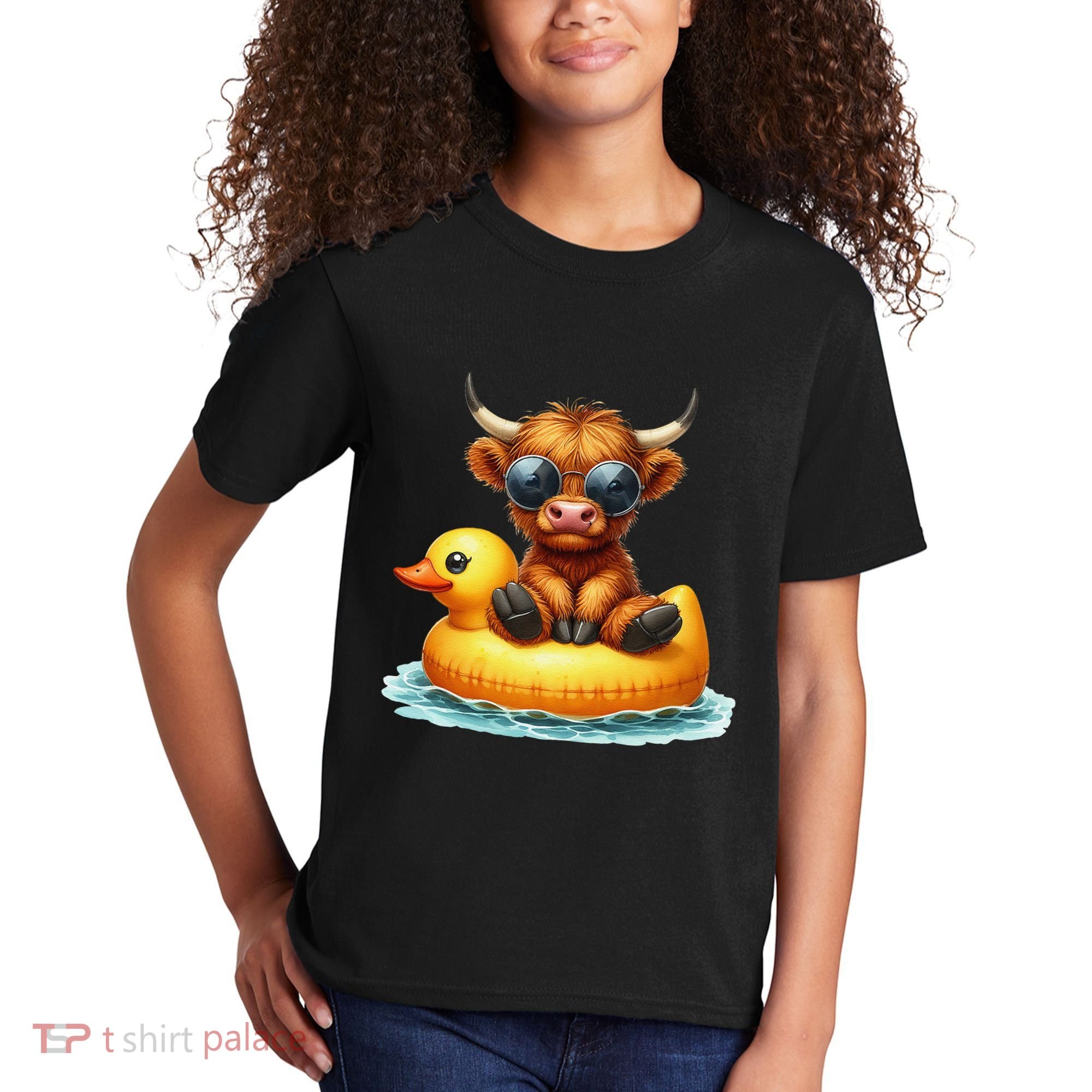 Cute Highland Cow Duck Pool Float Summer Vibes Swimming Kids T-Shirt