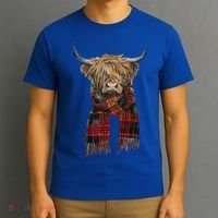 Cute Highland Cow Wearing Buffalo Plaid Scarf Farming Farmer  T-Shirt thumb 3