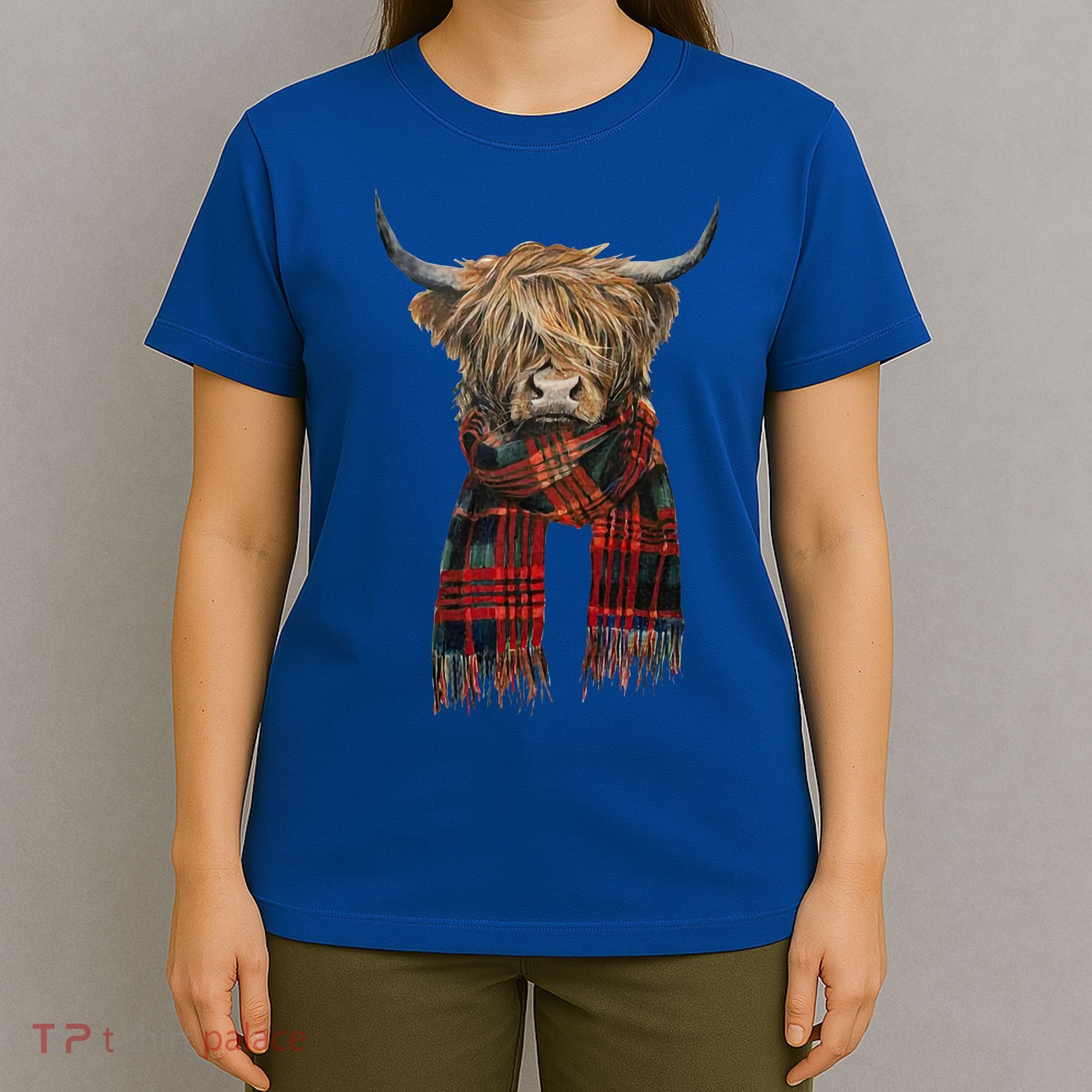 Cute Highland Cow Wearing Buffalo Plaid Scarf Farming Farmer  T-Shirt