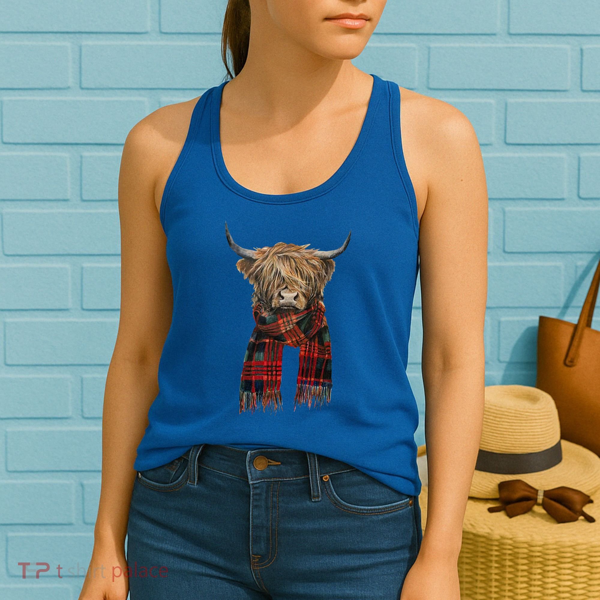 Cute Highland Cow Wearing Buffalo Plaid Scarf Farming Farmer  Women's Tank Top