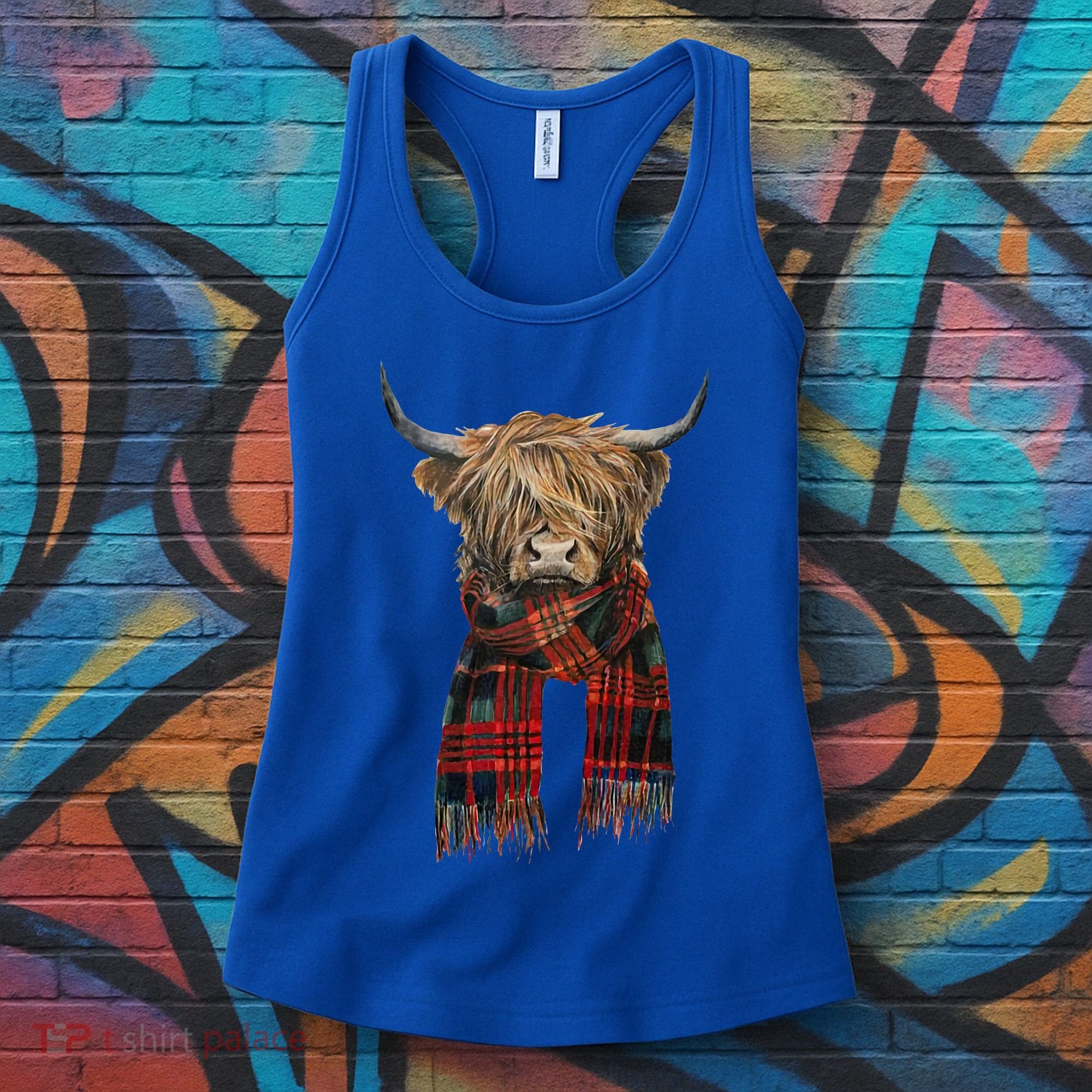 Cute Highland Cow Wearing Buffalo Plaid Scarf Farming Farmer  Women's Tank Top