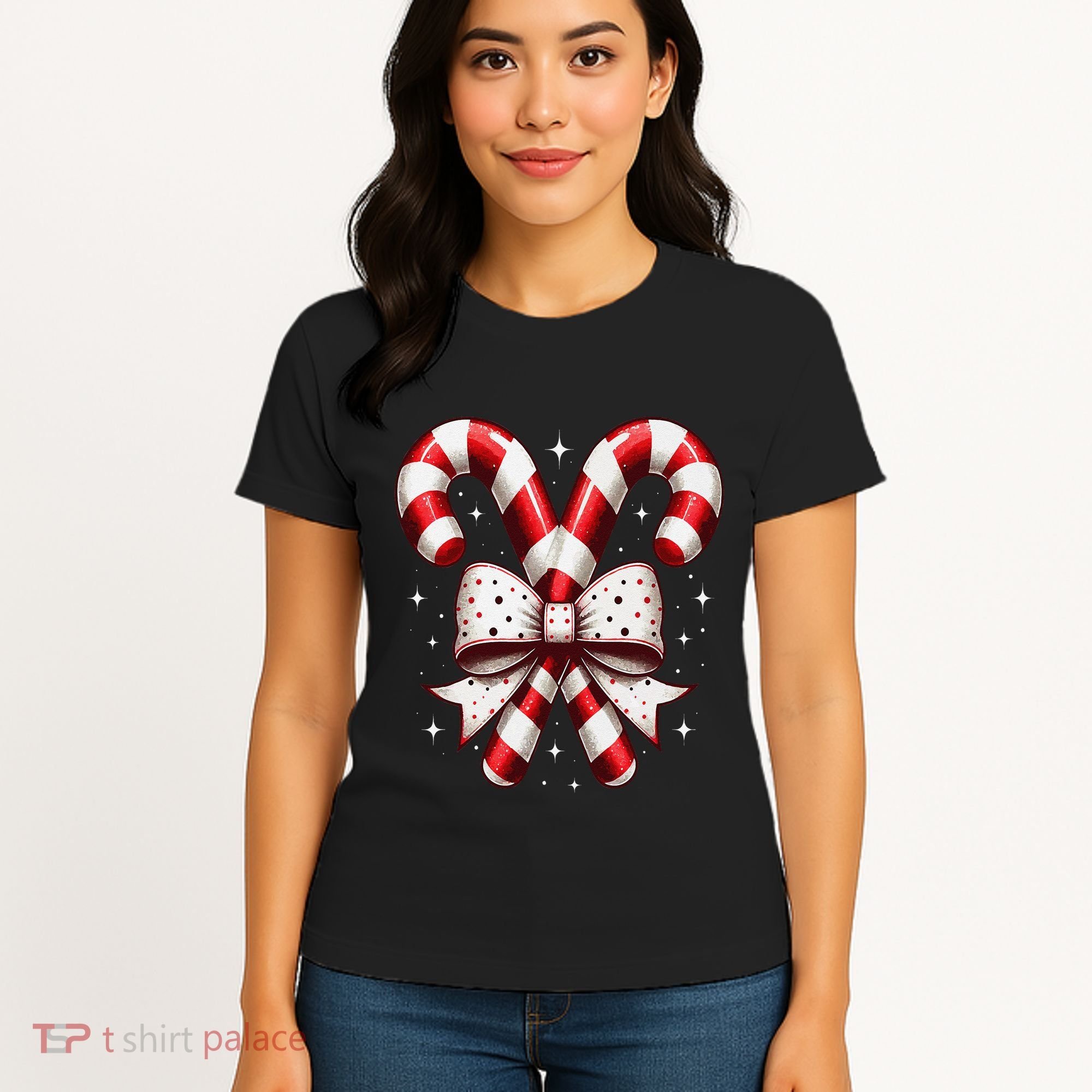 Christmas Holiday Candy Cane Retro Coquette Bow Women Girl Women's T-Shirt