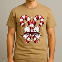Christmas Holiday Candy Cane Retro Coquette Bow Women Girl T-Shirt thumb 3