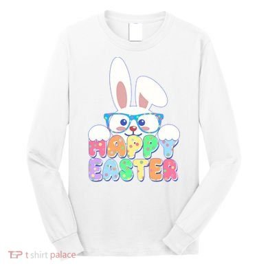 Cute Happy Easter Bunny Rabbit With Glasses Long Sleeve Shirt