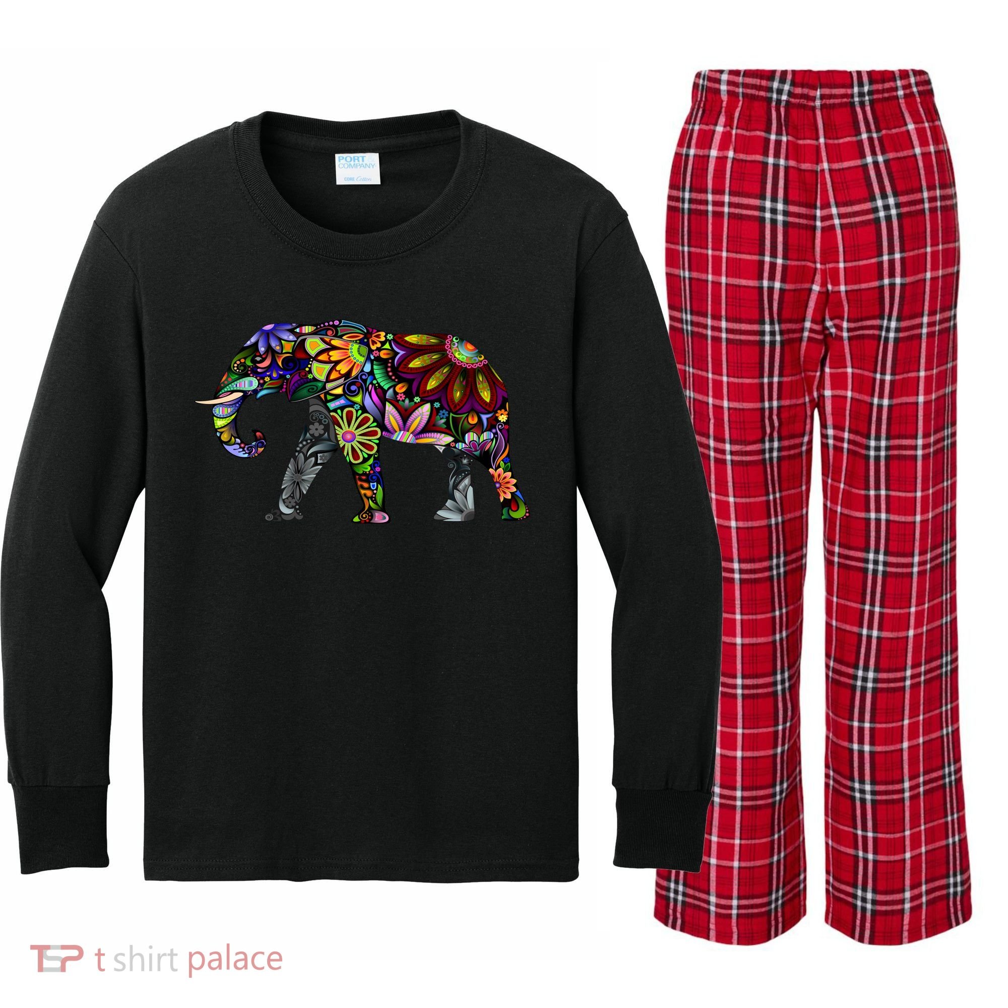 Cheerful Elephant Kids Long Sleeve Plaid Pajama Set